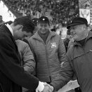 World Championships in Holmenkollen, 1966. Gjermund Eggen is gratulated by The King after the 50 km cross-country (Photo: NTB / Scanpix)